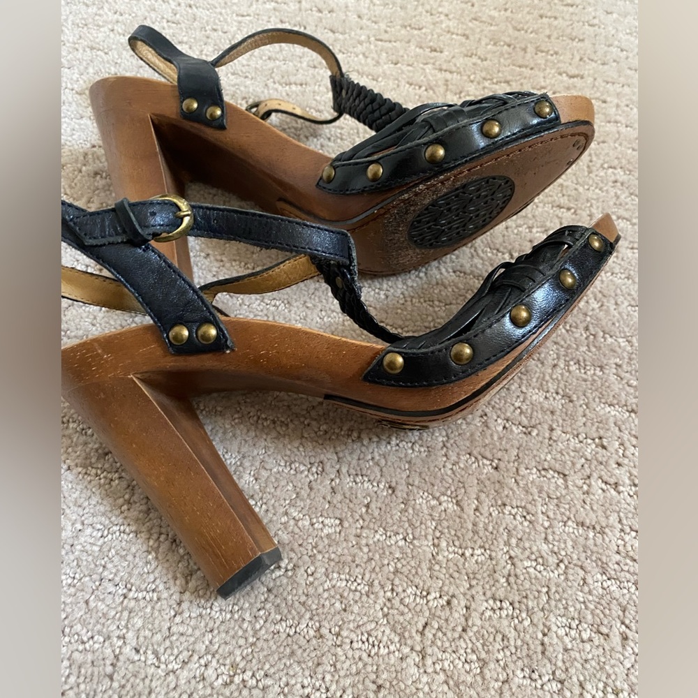 Frye black leather braided wooden heel